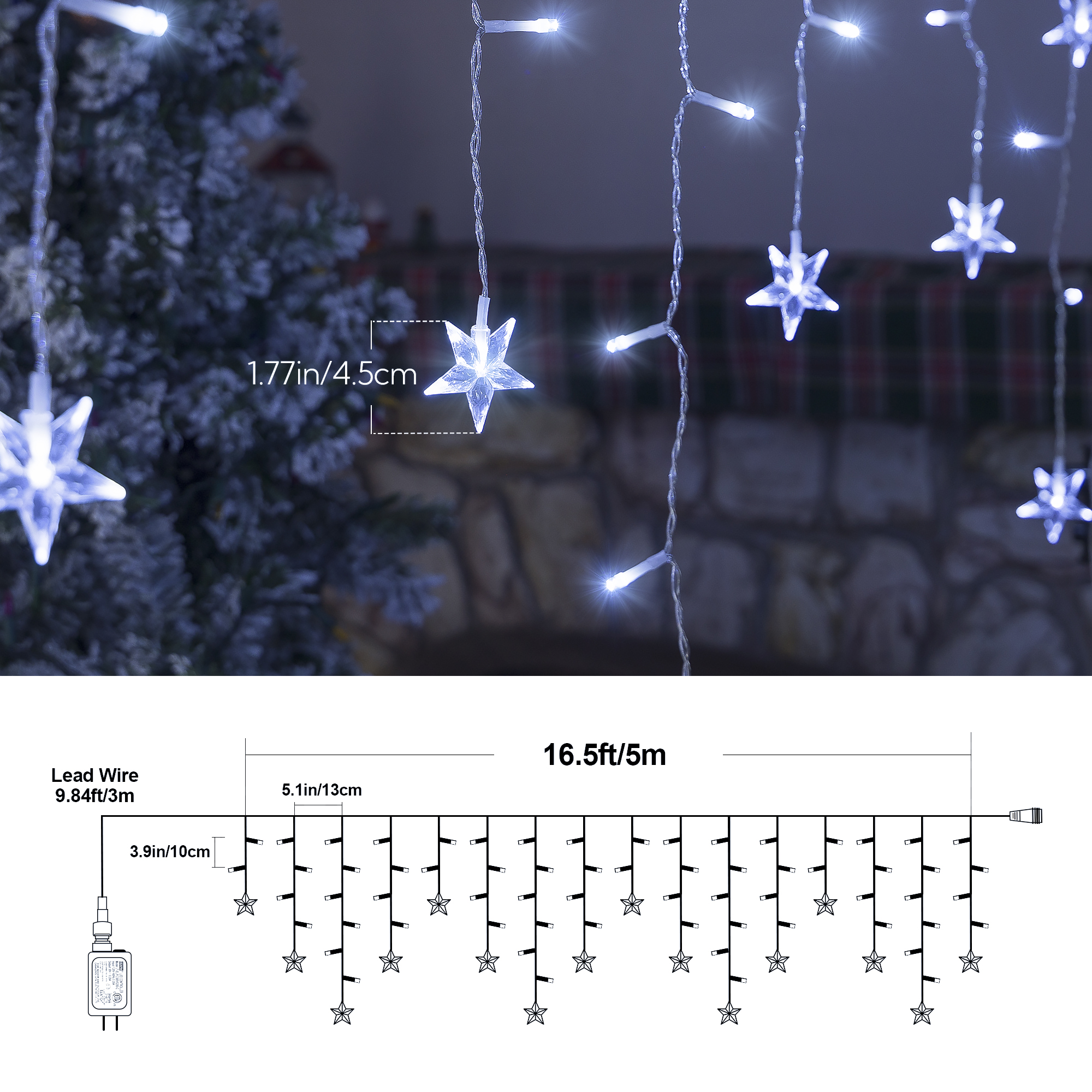 40 Drops White Wire Twinkle Star Iciclelights