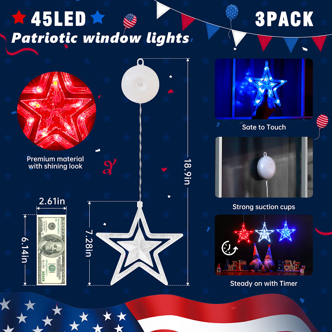 Patriotic Window Lights with Suction Size Discribe