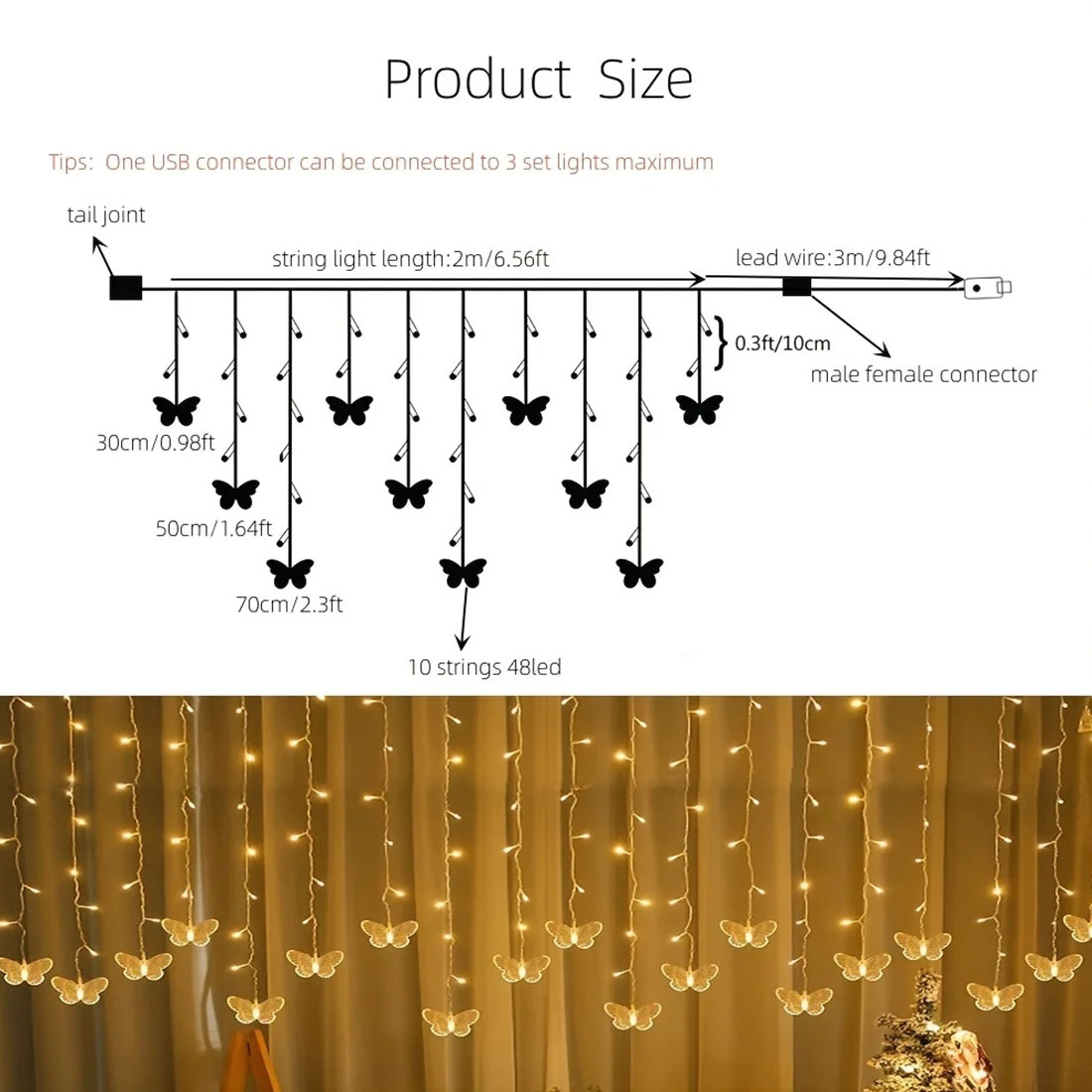 Butterflies Twinkle Fairy Curtain Lights Size Picture