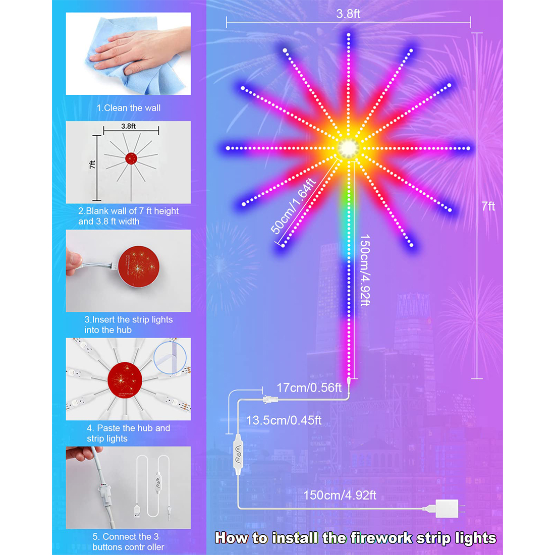 RGB Smart LED Firework Strip Lights Size Introduce