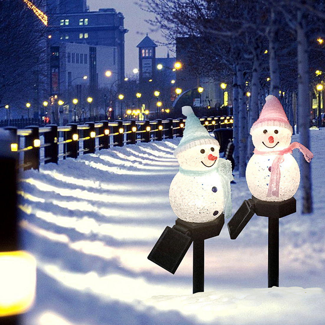 Solar Energy Snowman Stake Lights Scene Picture