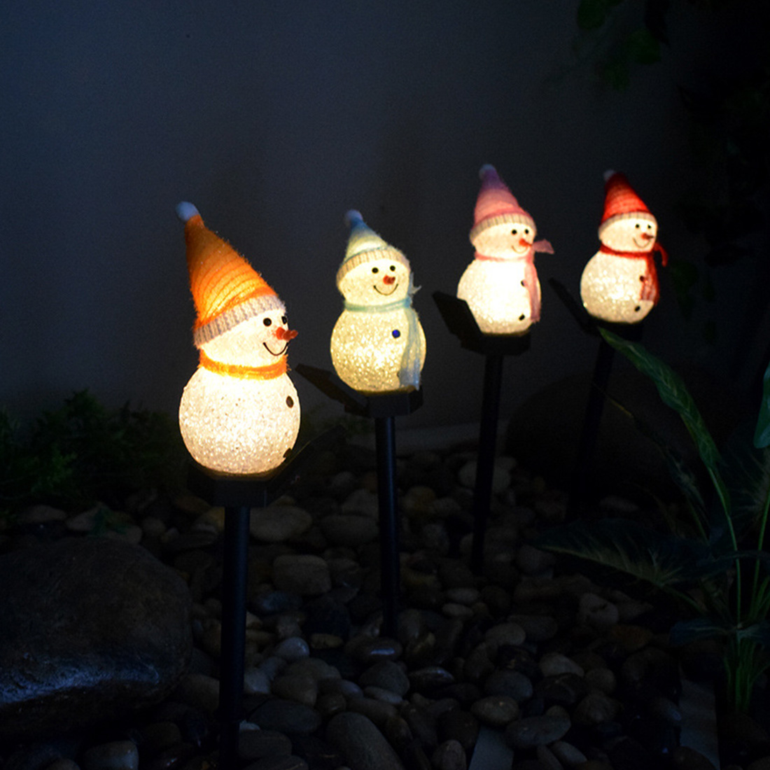 Solar Energy Snowman Stake Lights Night Picture