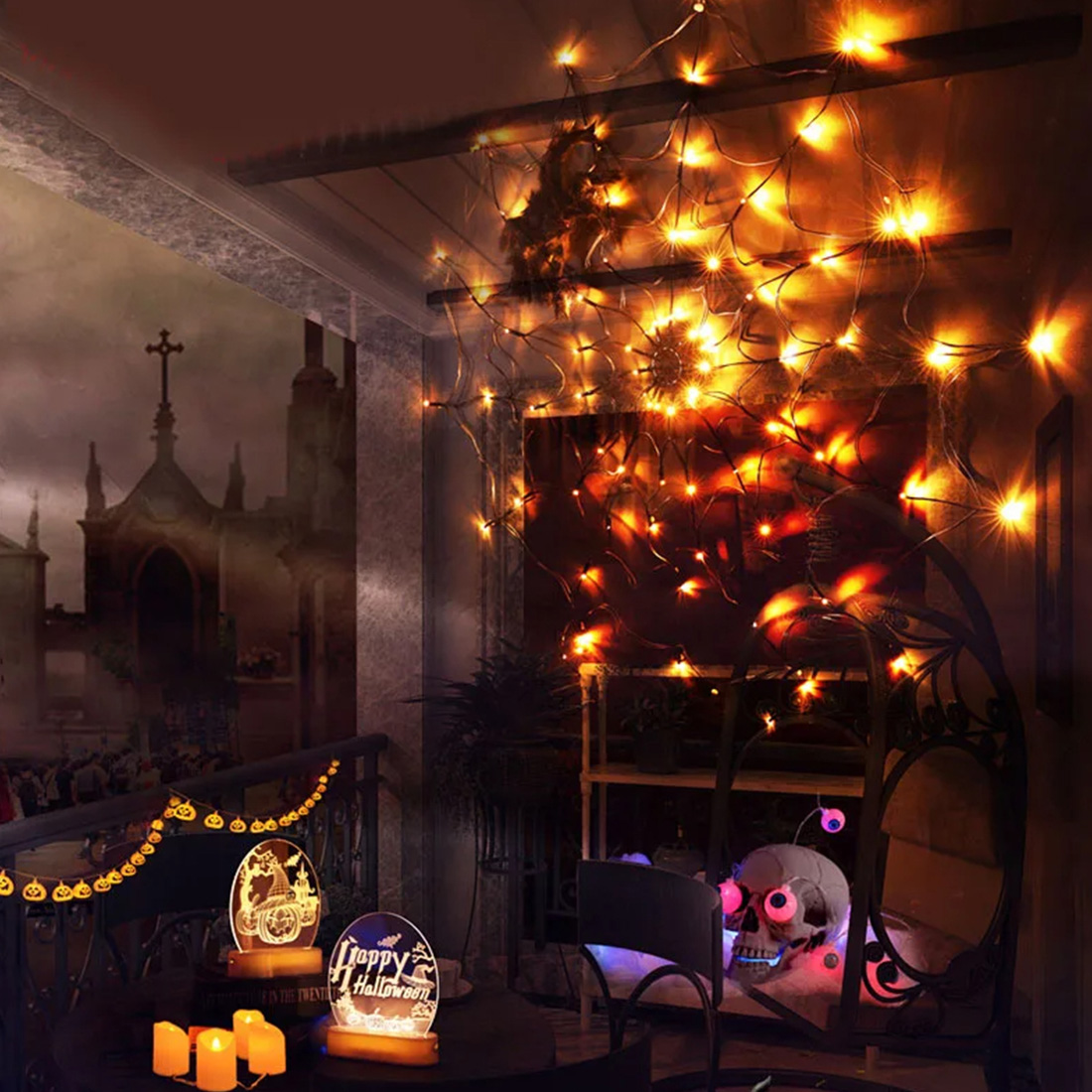 Halloween Horror Atmosphere Spider Web Lights Scene Picture