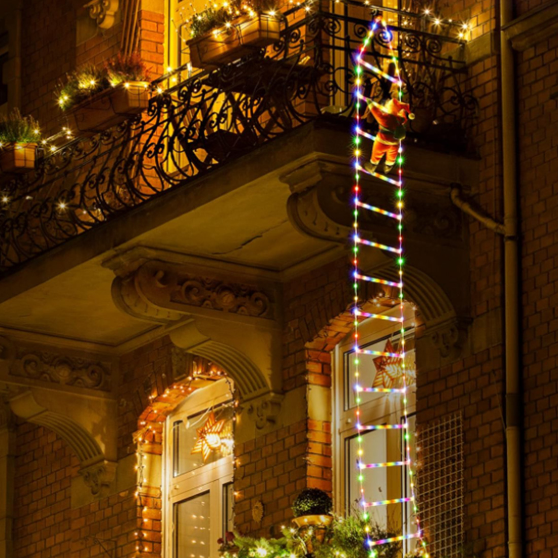 LED Ladder Lights with Climbing Santa Claus Scene Picture