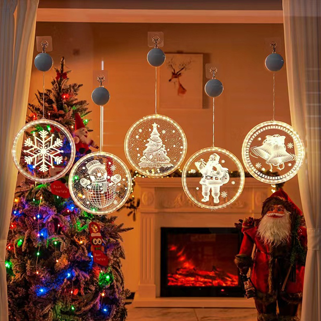 Star Santa Window Icicle Christmas Lights Scene Picture