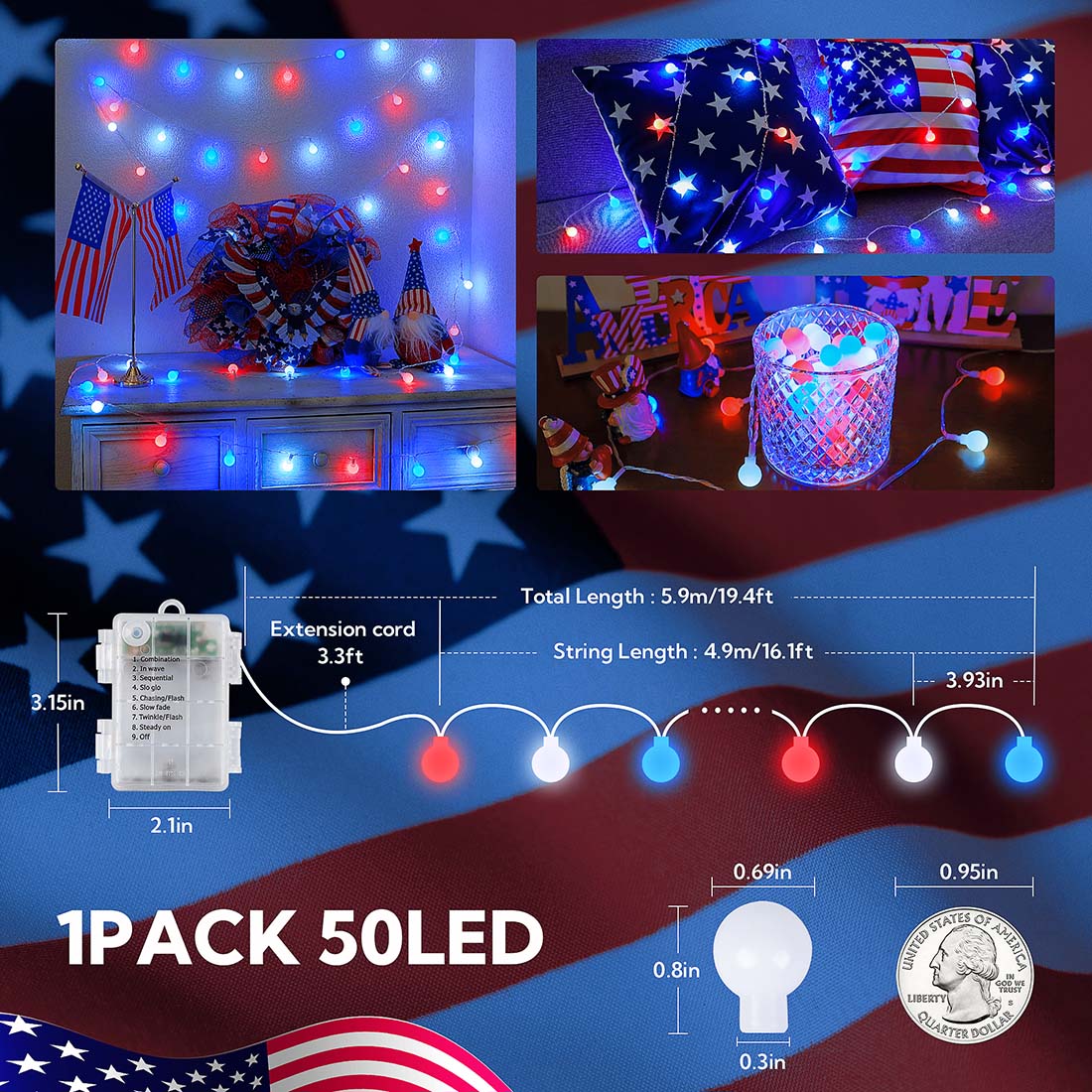 Independence Day Patriotic String Lights Size Produce